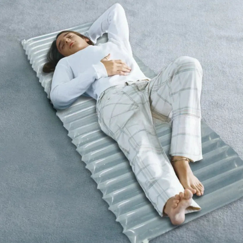 Transparent inflatable airbed for outdoor camping showing clear material and dimensions