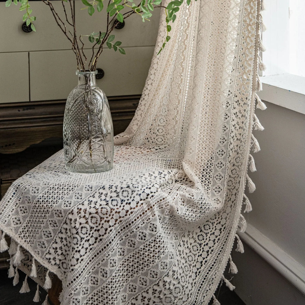 Translucent American country hollow crochet curtain made from 60% cotton in a rice broom colour