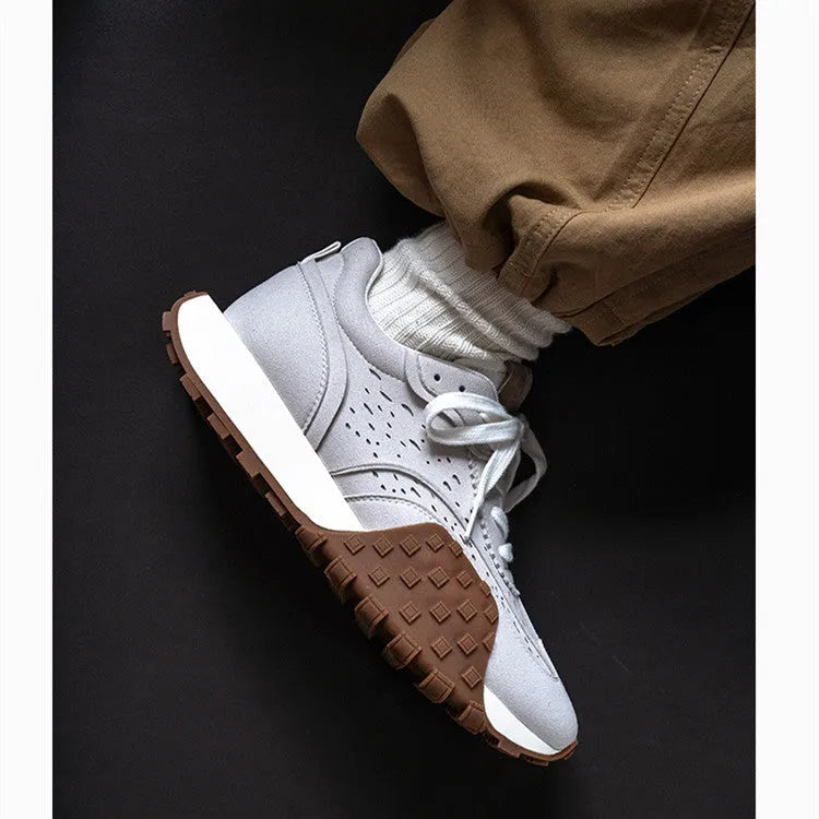 Grey retro thick-soled colour-block jogging sneakers with cloth and microfiber leather upper