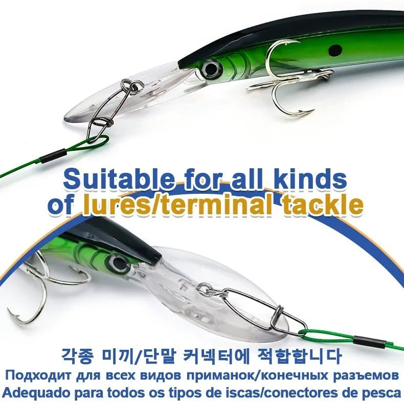 Set of steel wire fishing leaders in black, green, and red with double buckle pins.
