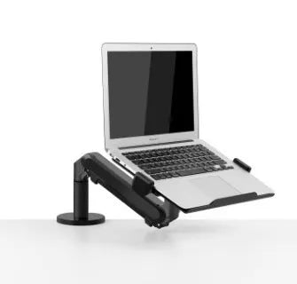 Aluminium alloy laptop stand with an adjustable air pressure arm in black colour on a wooden desk.