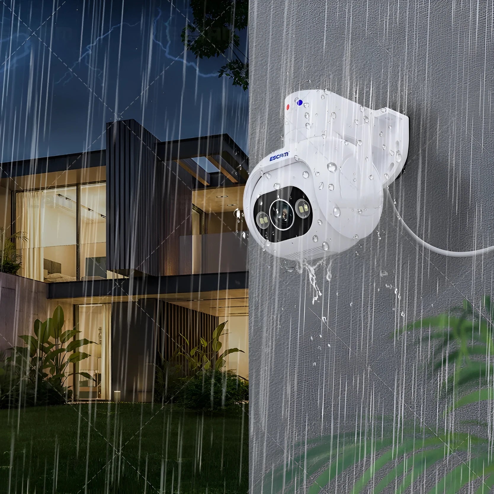 White plastic smart security camera with wall mount bracket, showing lens and status light.