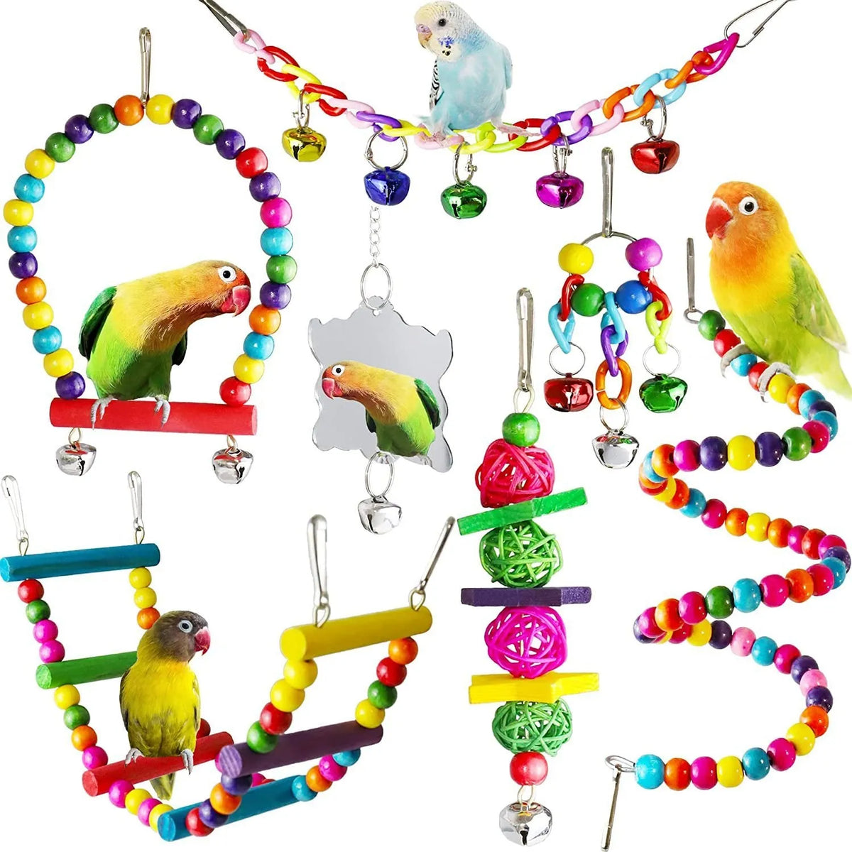 Seven-piece wooden parrot toy set for bird cage accessories, wooden play pieces for parrots and birds