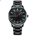 Men's silver business quartz watch with stainless steel strap and white dial with blue hour markers on a light background