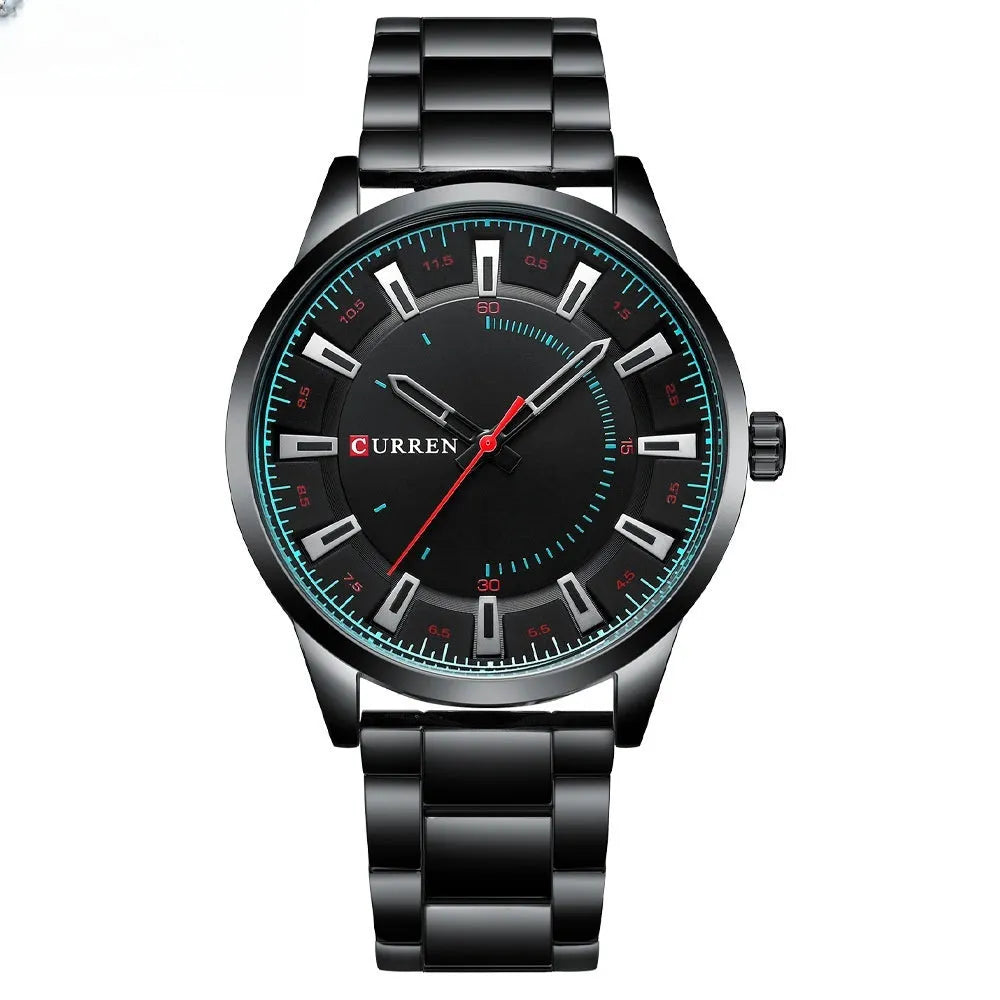 Men's silver business quartz watch with stainless steel strap and white dial with blue hour markers on a light background