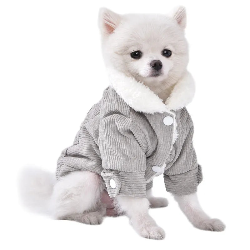 Grey lambswool dog vest with fleece lining, shown on a small dog.