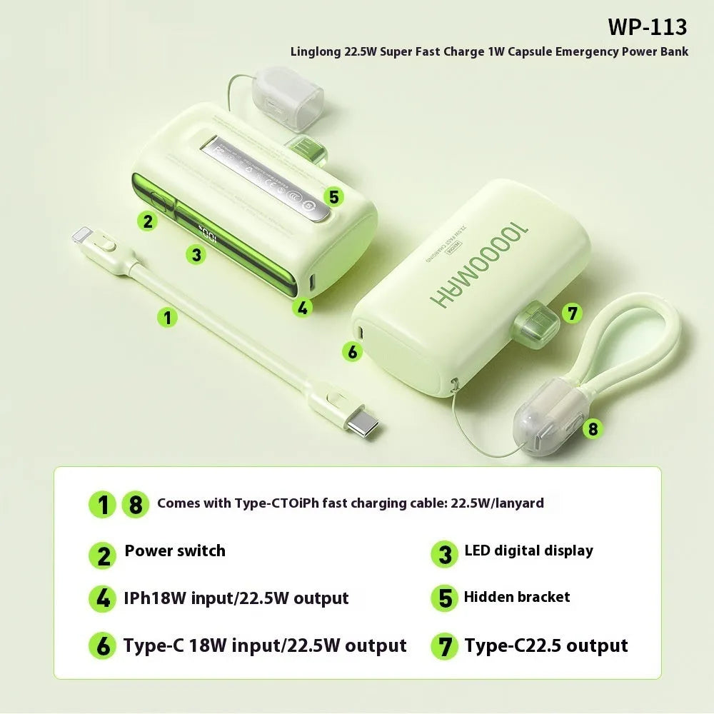 Portable mini capsule power bank in beige with ABS shell and compact design