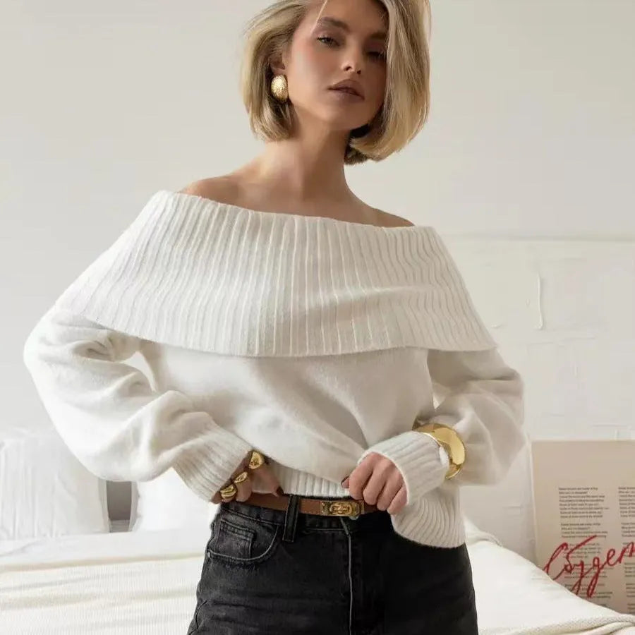 Grey off-the-shoulder acrylic sweater with strapless design and 3D pattern texture