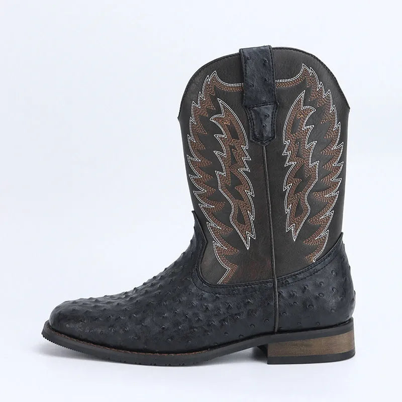 Men's black western denim square toe motorcycle boots with embroidery on a low wedge heel