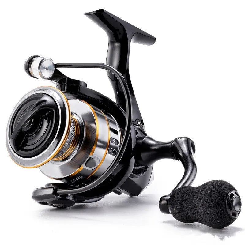 All-metal spinning fishing reel with no-gap spool design and black EVA grip handle