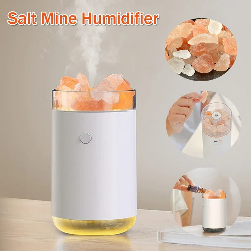 Desktop crystal salt stone ultrasonic essential oil diffuser with colour LED lamp, USB cable, and blue, pink, white options