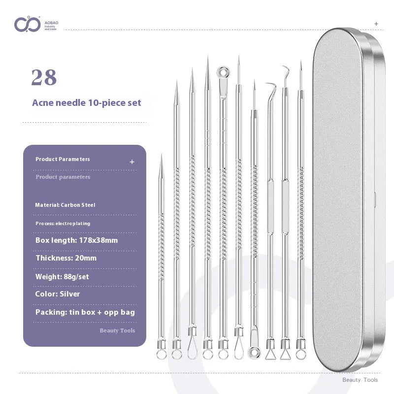 Four silver metal acne needles with ultra-fine pointed tips arranged on a clean surface.