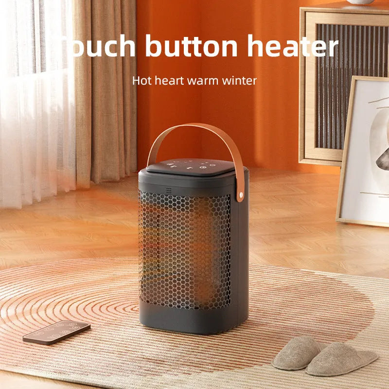 Silver portable heater with digital touch screen display and remote control on a table.
