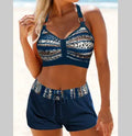 Women's printed two-piece polyester bikini swimsuit on a white background.