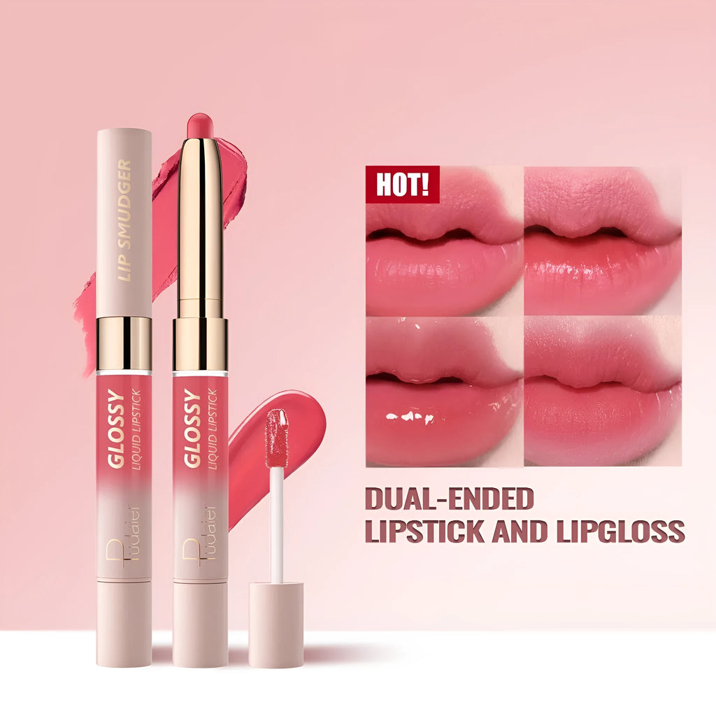 Double-headed lipstick with matte finish showing ten colour options from 01 to 10