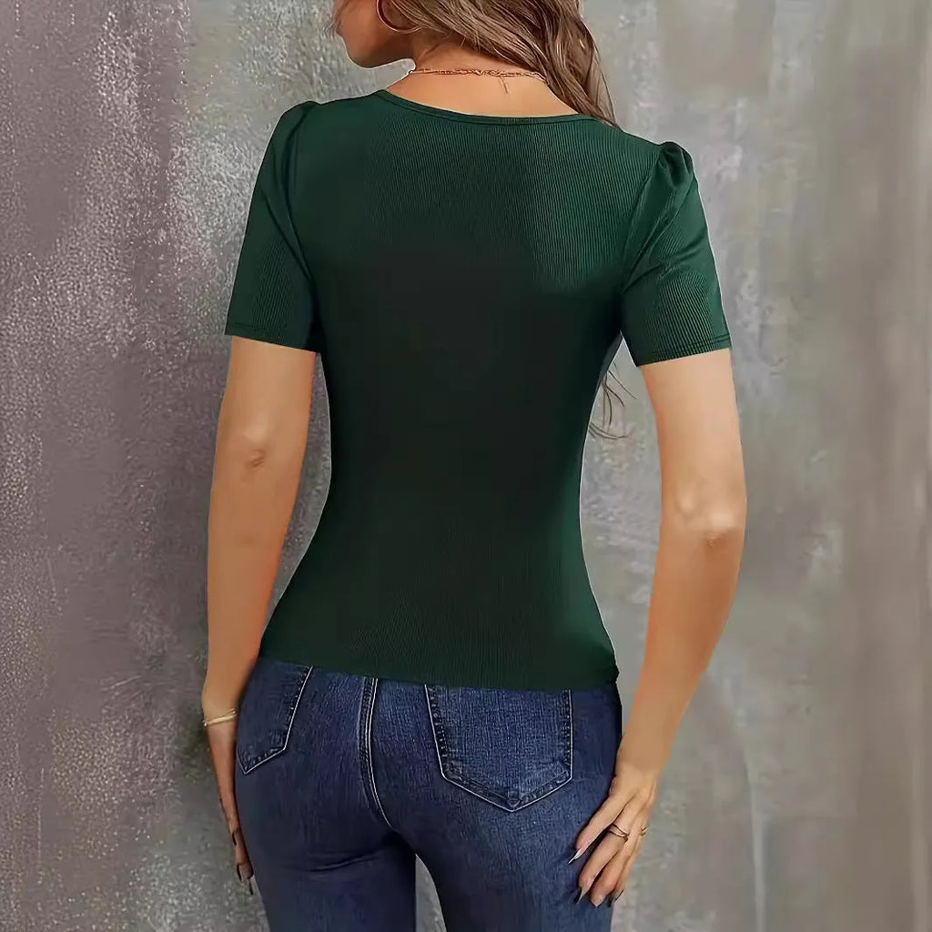 Women's slim fit knitted short sleeve pullover top in wine red colour on a hanger.