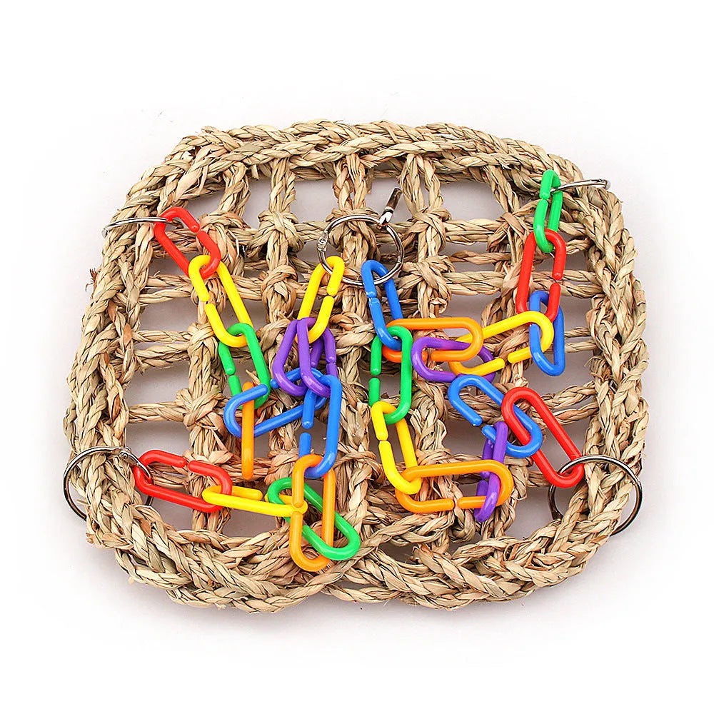 Wooden bird swing toy with hammock and metal or plastic ring for parrot cage