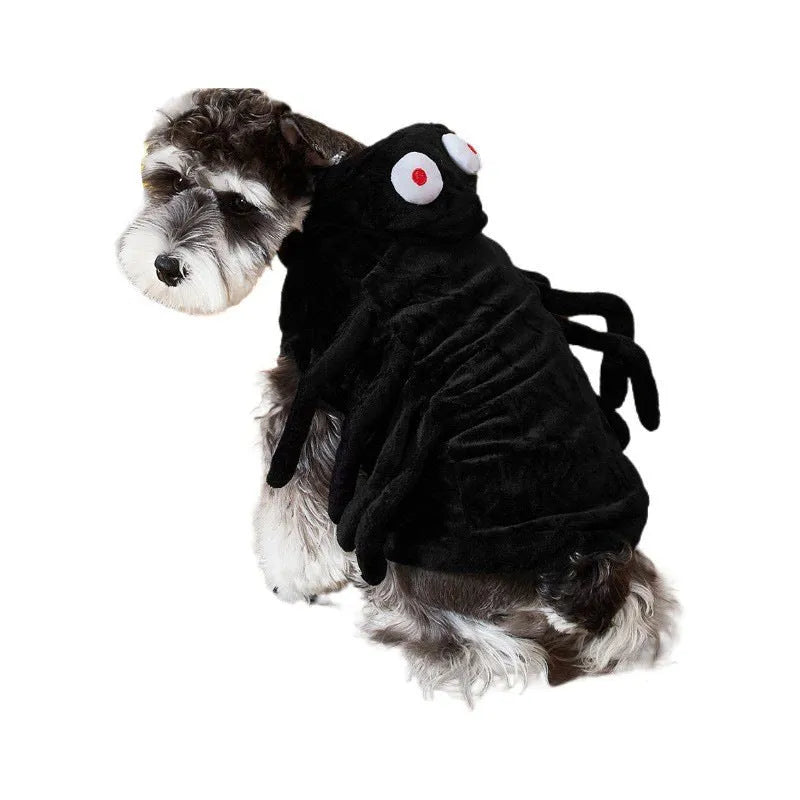 Spider pattern Halloween dog costume in polyester fabric available in sizes S, M, and L