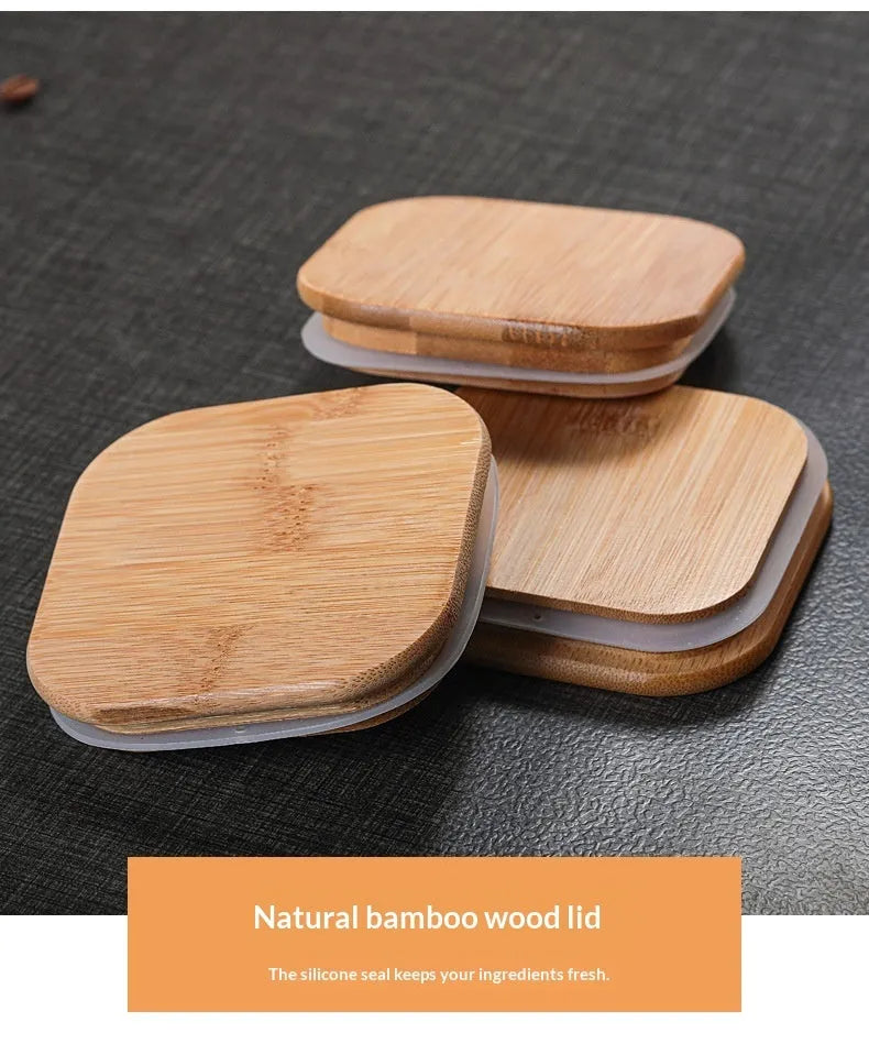 Square glass storage jar with bamboo wood lid, filled with coffee beans, 1000ml capacity