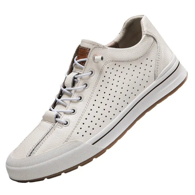 Men's white matte leather flat heel shoes with round toe and 6CM construction