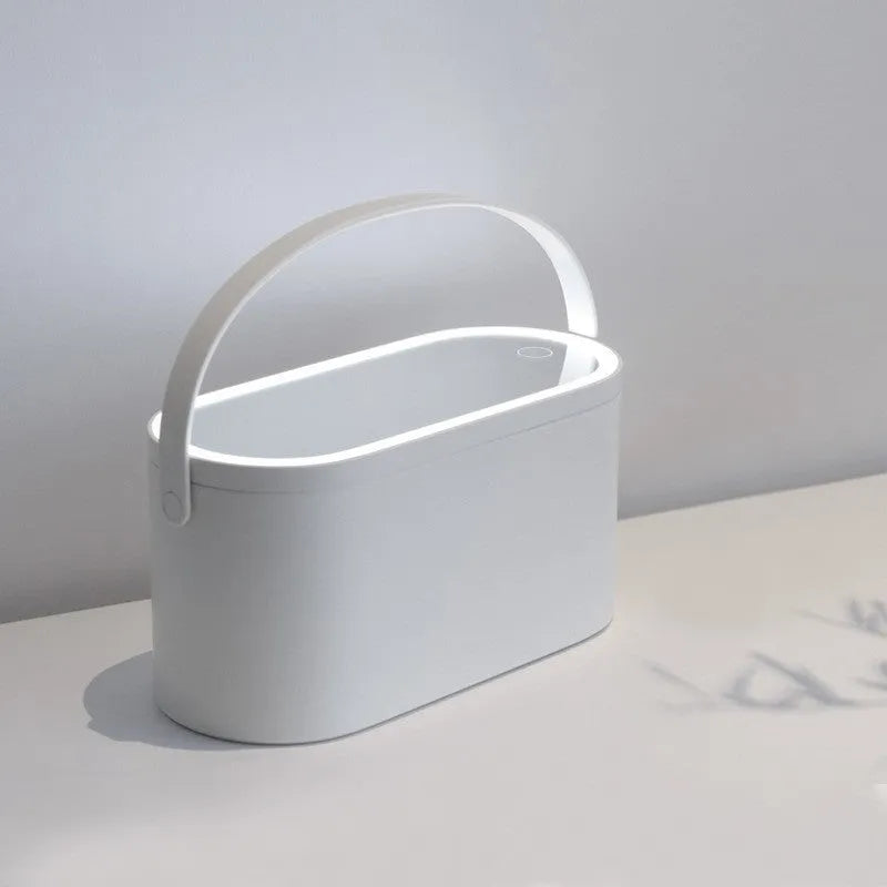 Portable pink beauty mirror with storage box and aluminium mirror lens