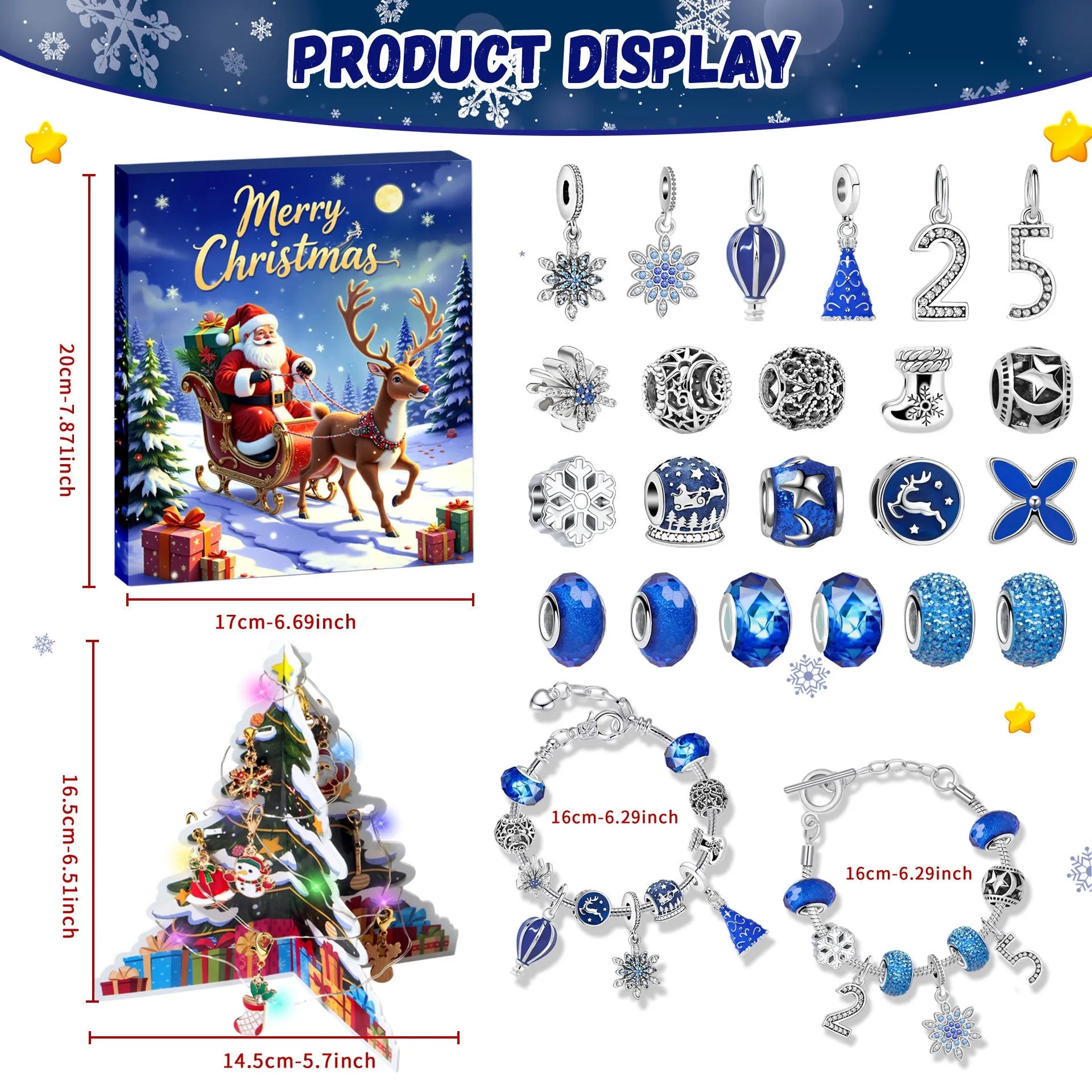 24 grid Christmas advent calendar in blue with flip doors and zinc alloy bracelet blind boxes