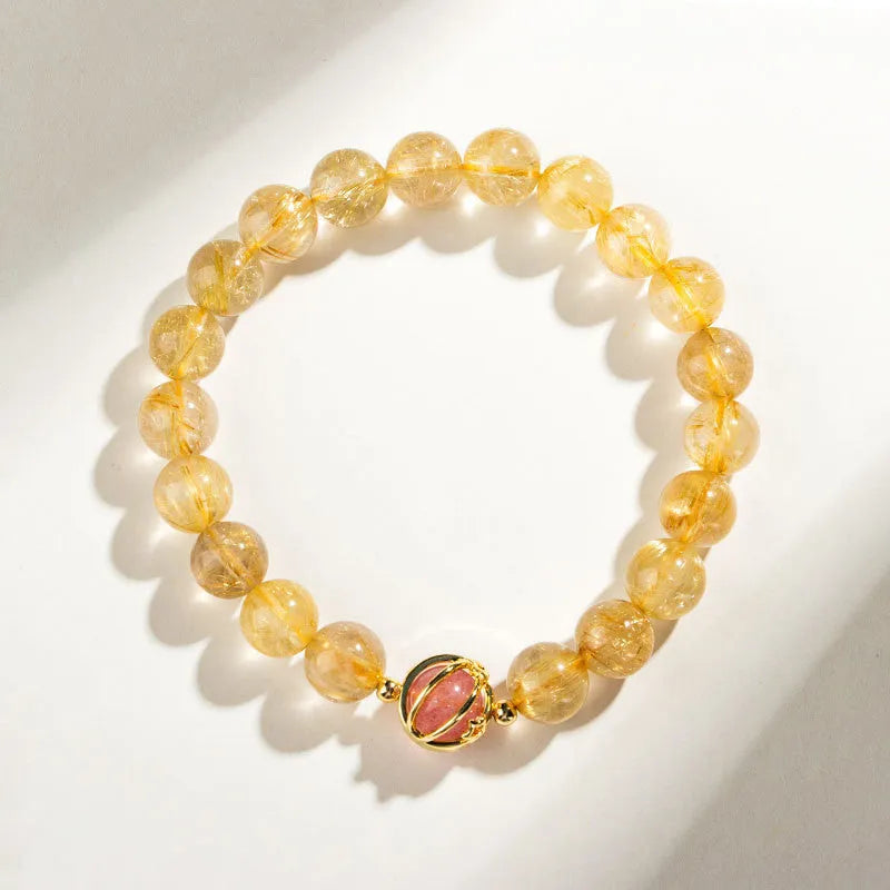Gold rutilated quartz crystal bracelet with diamond-shaped beads in unisex Korean style