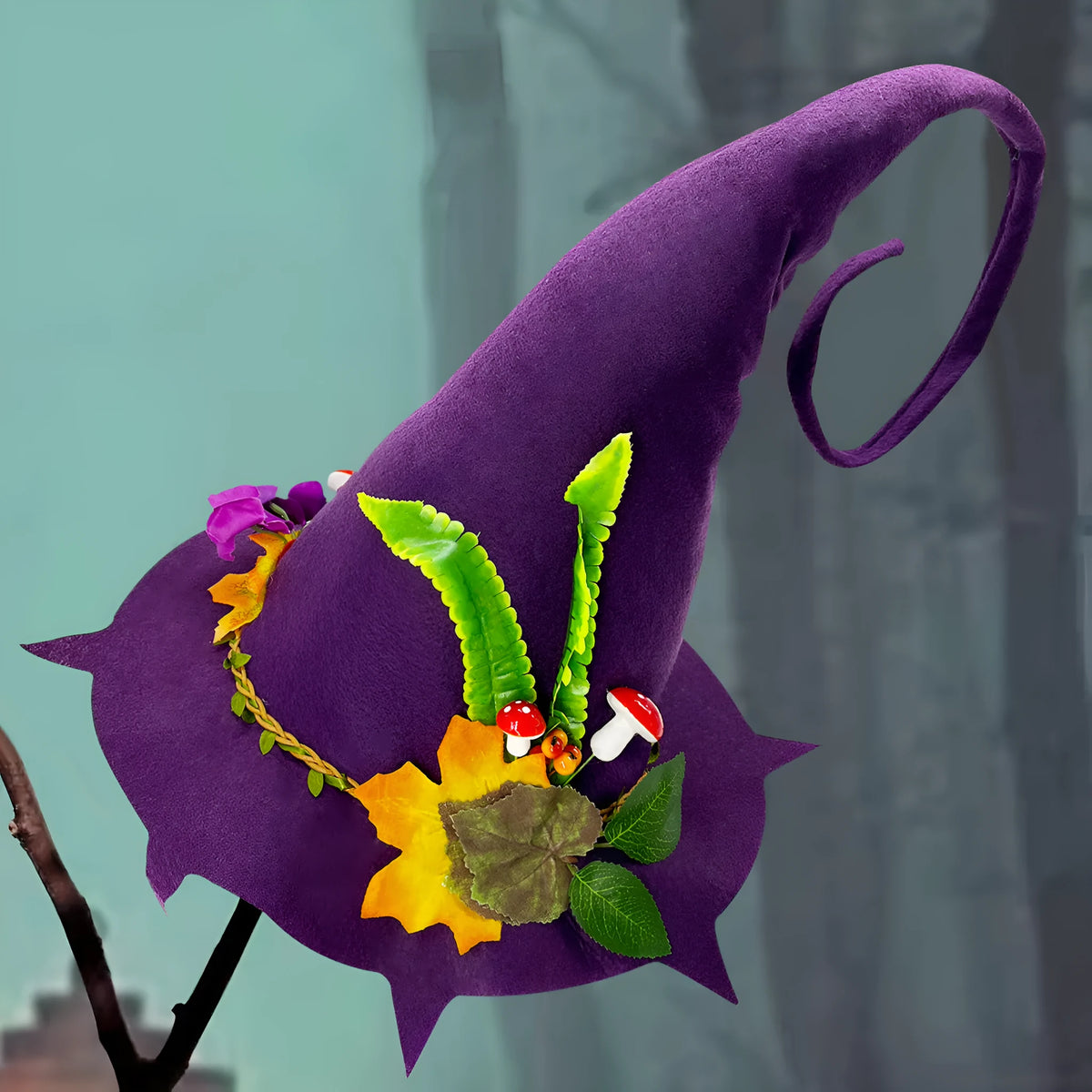 Felt Halloween witch hat with conical crown, fungus-shaped brim and monochrome printed pattern for adults