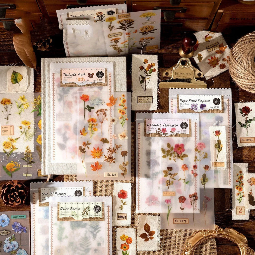 Huazhisen series forest art sticker pack showing six colour designs at 85x180mm size