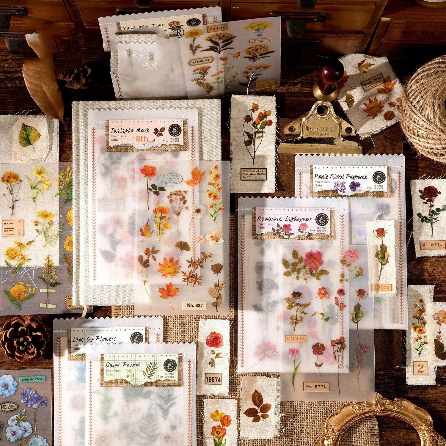 Huazhisen series forest art sticker pack showing six colour designs at 85x180mm size
