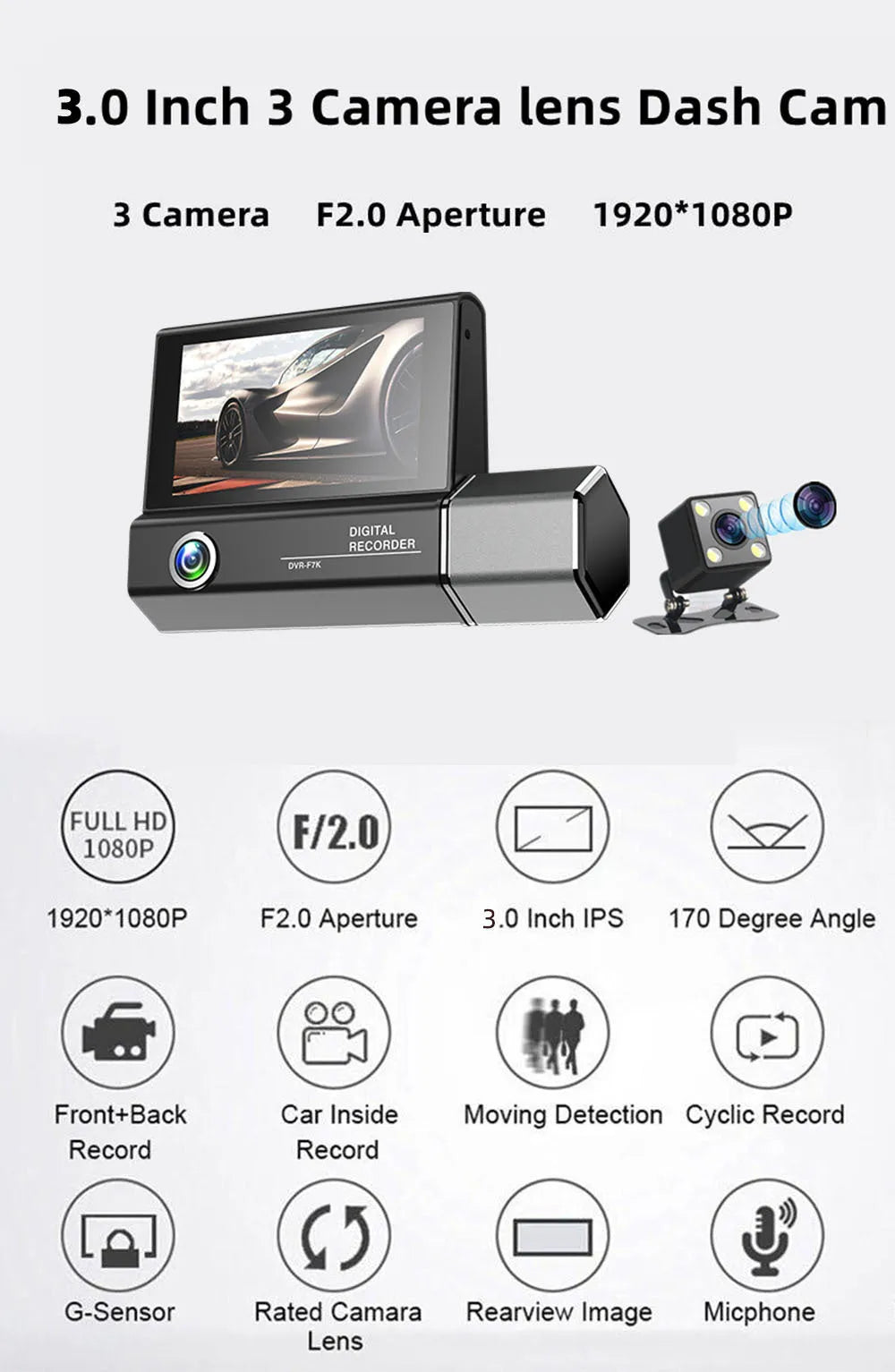Black three-lens car dash cam with touch screen display, shown with car power cable