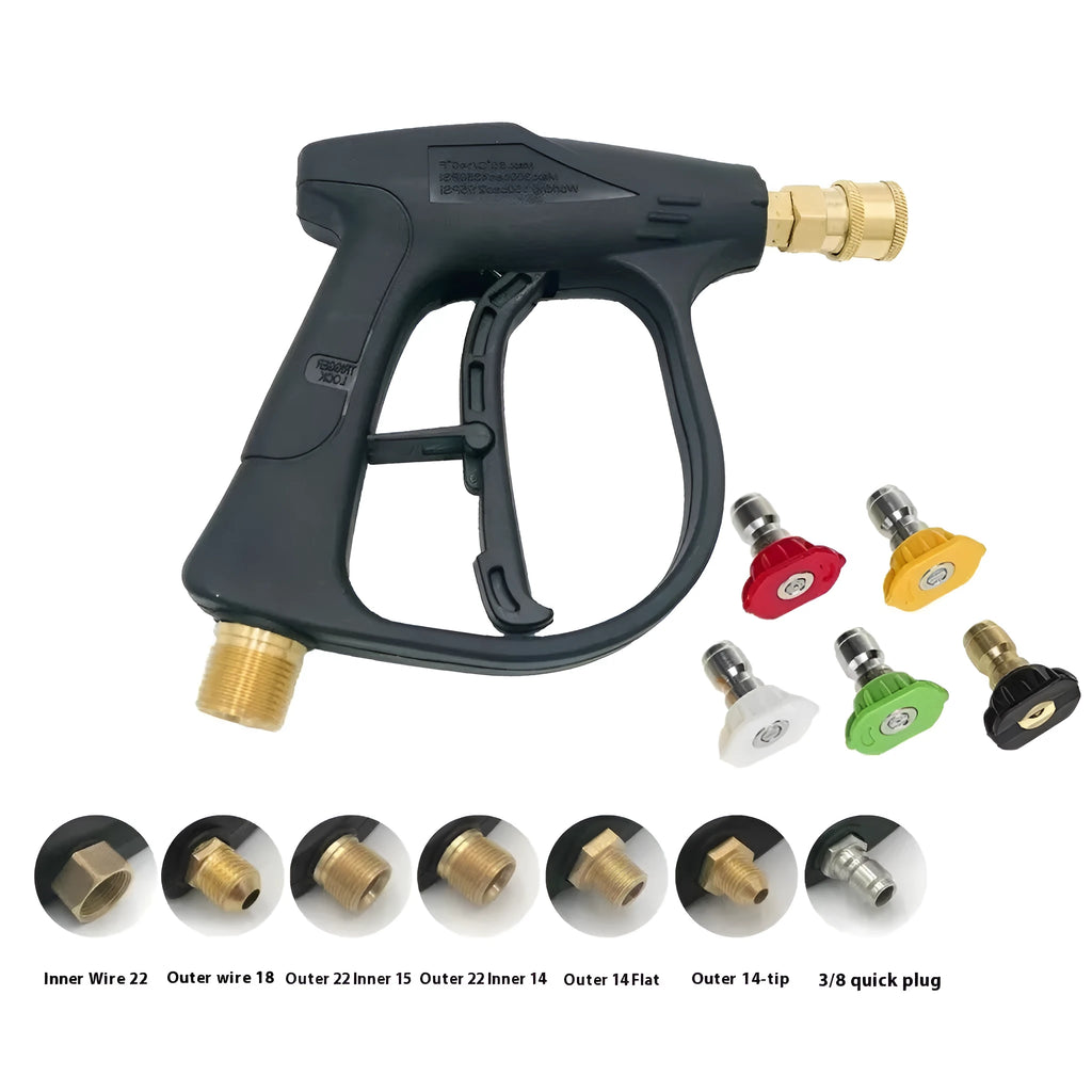 17cm high-pressure washer gun with G3 quick-connect, aluminium valve core, and 5-colour nozzle set