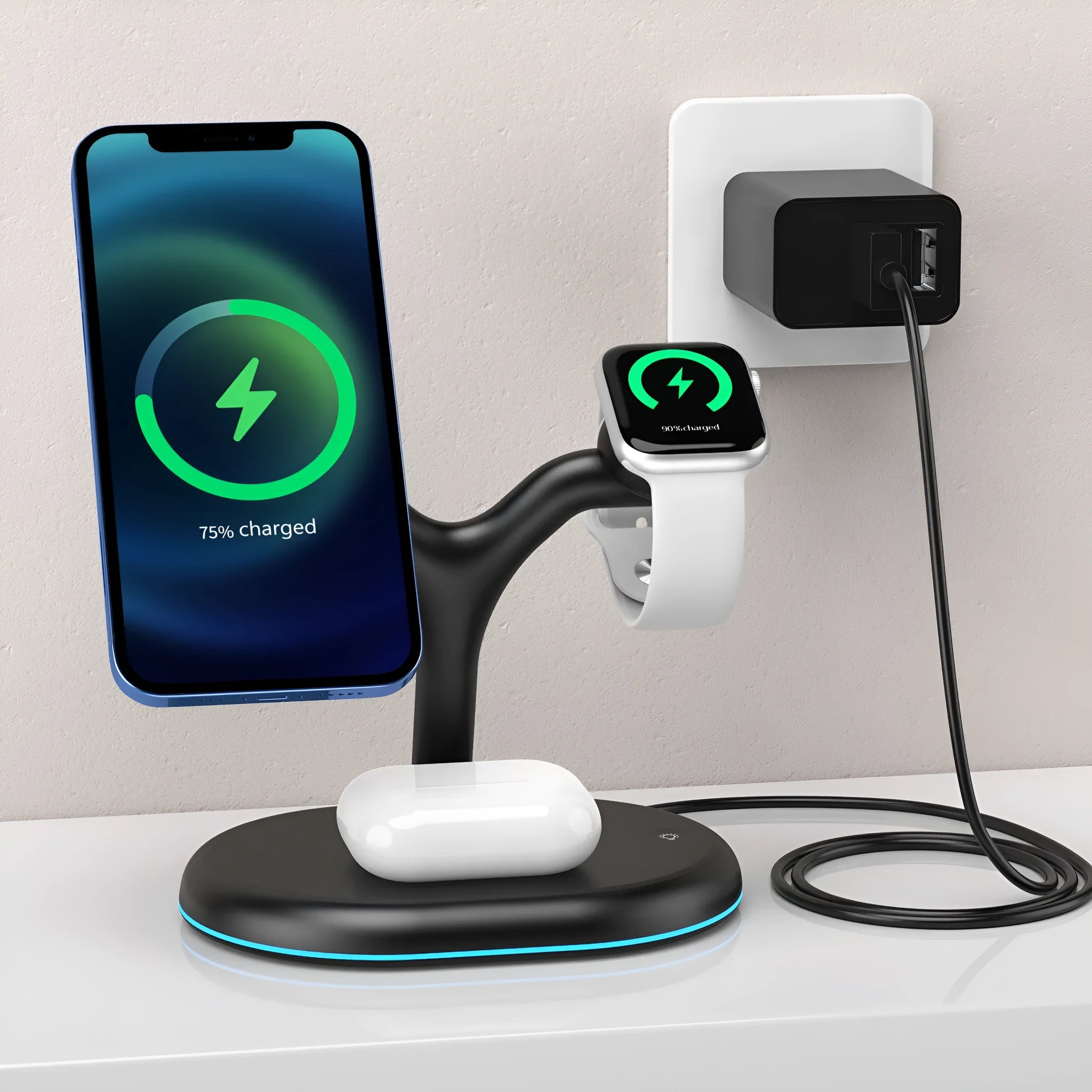 Black ABS magnetic wireless charger, 500 mA current, 15 V output, one charger included
