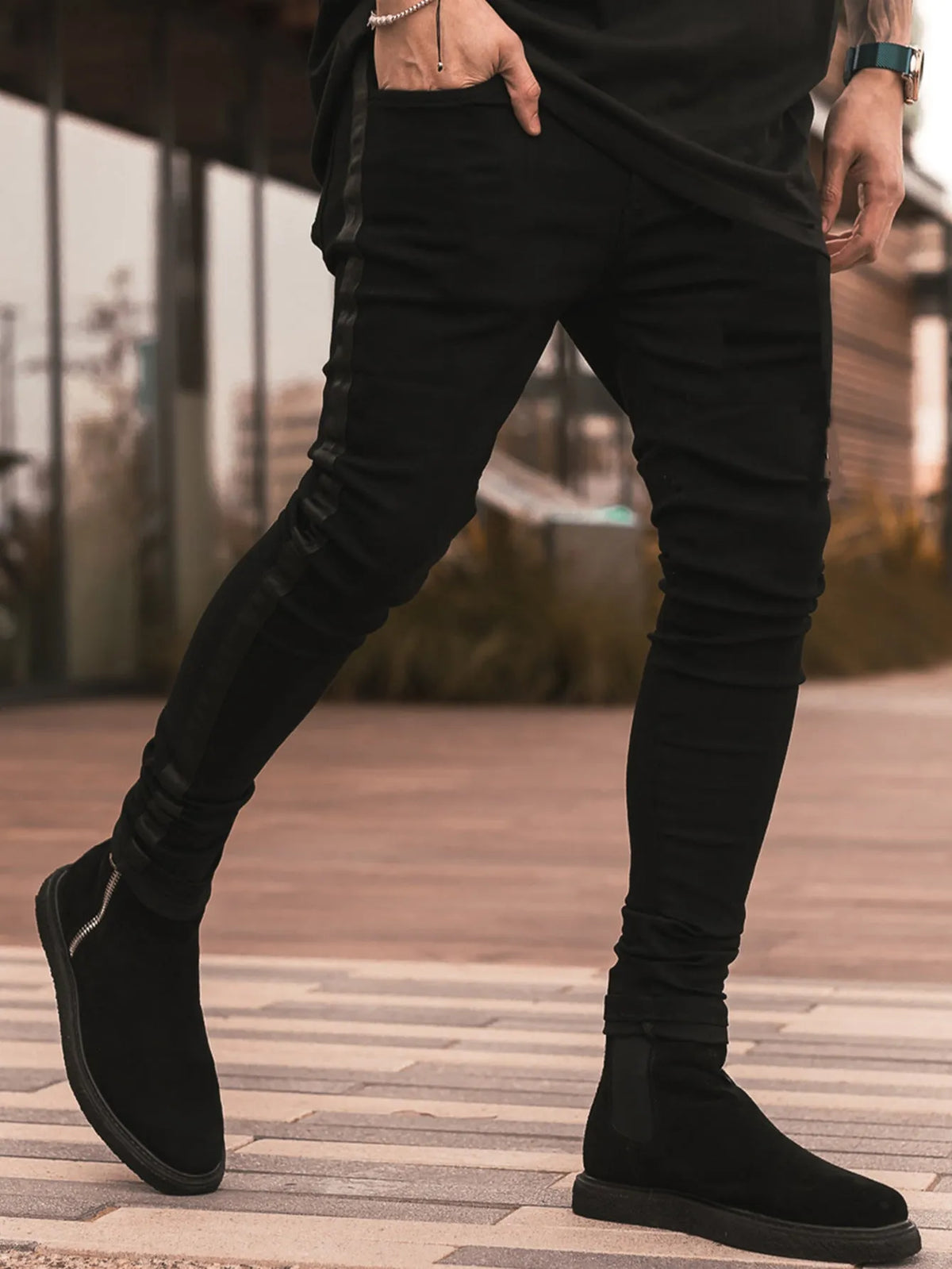 Men's ripped black slim-fit high elasticity cotton denim trousers, mid waist, sizes 28-36
