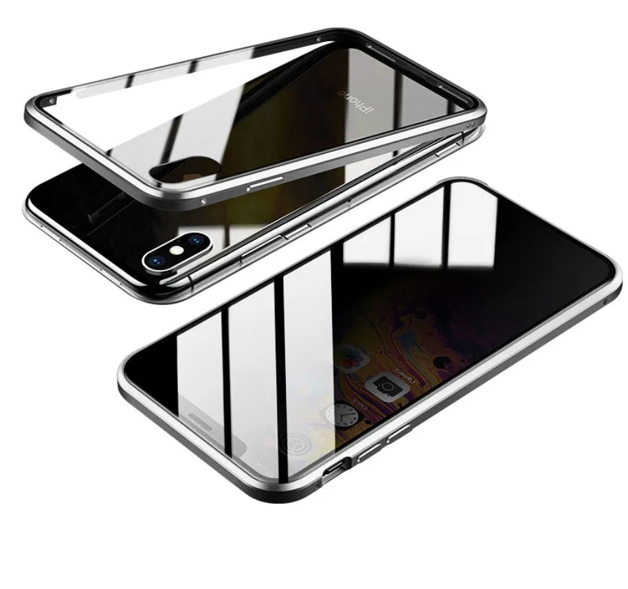 A closed clamshell phone case in blue glass with a geometric pattern, next to an iPhone showing the narrow viewing angle when open.