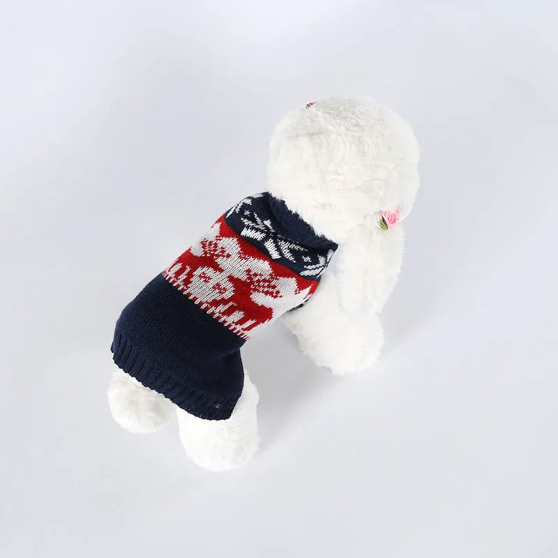 Navy blue knitted Christmas sweater for dogs showing European American styling on pet model