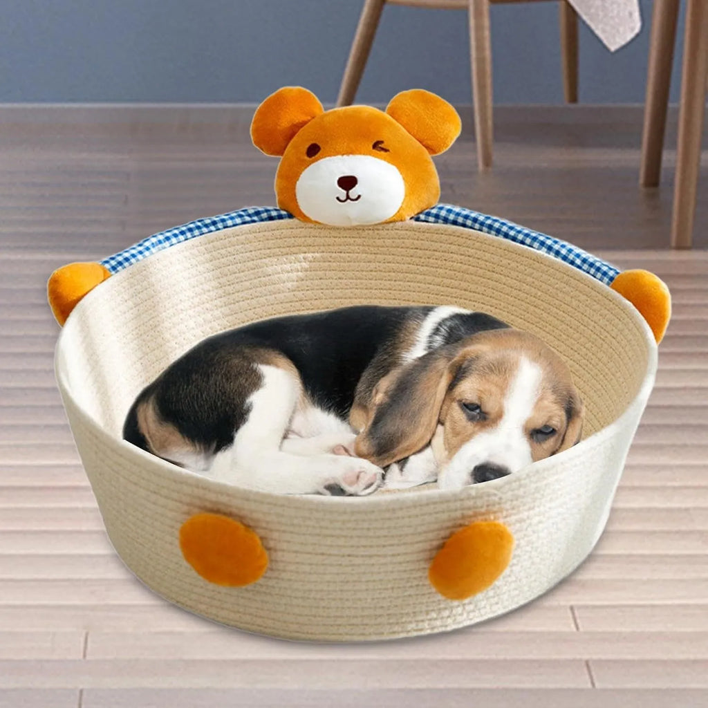 Woven cotton rope pet bed with scratching surface in bear design