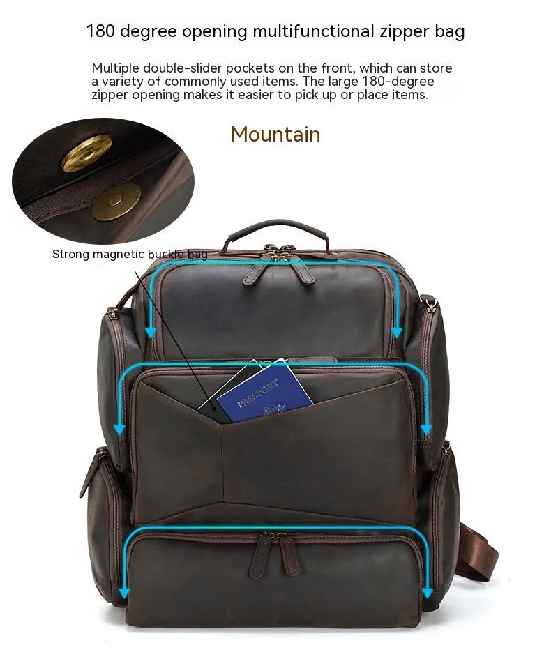 Dark brown men's leather backpack open to show internal compartments for a 17-inch laptop and organisation pockets.