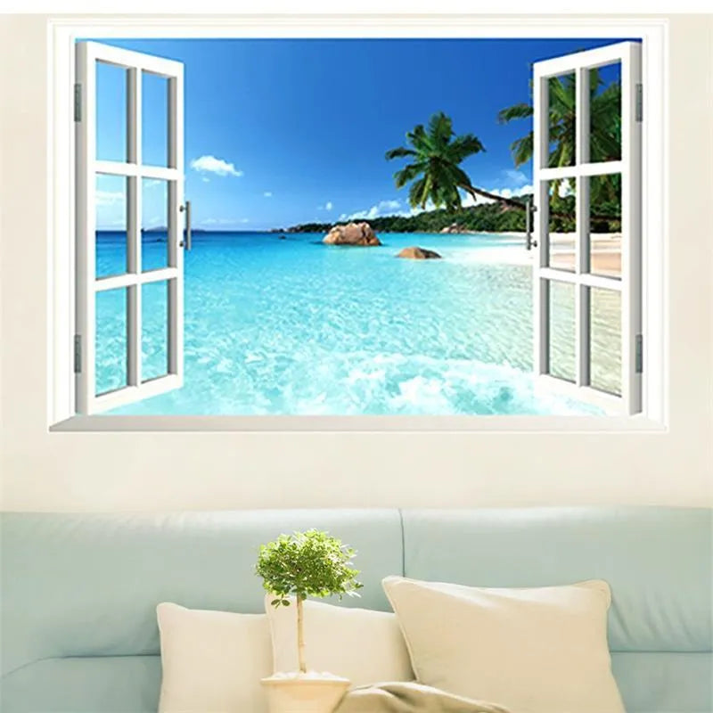 Sea view window wall sticker PVC mural 60x90cm with fire retardant and antifouling functions