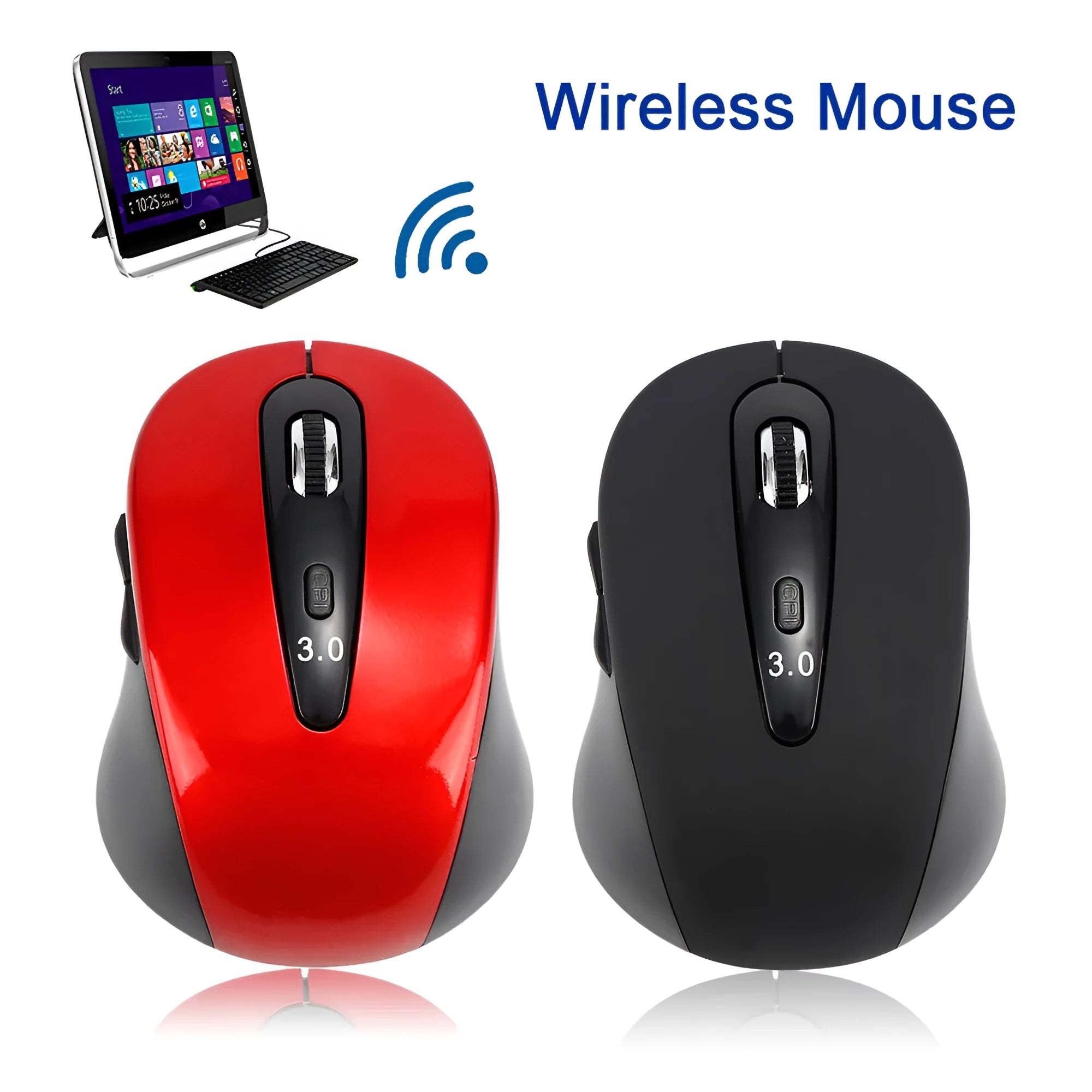 Wireless dual-mode mouse in black with ergonomic shape showing left and right buttons and scroll wheel
