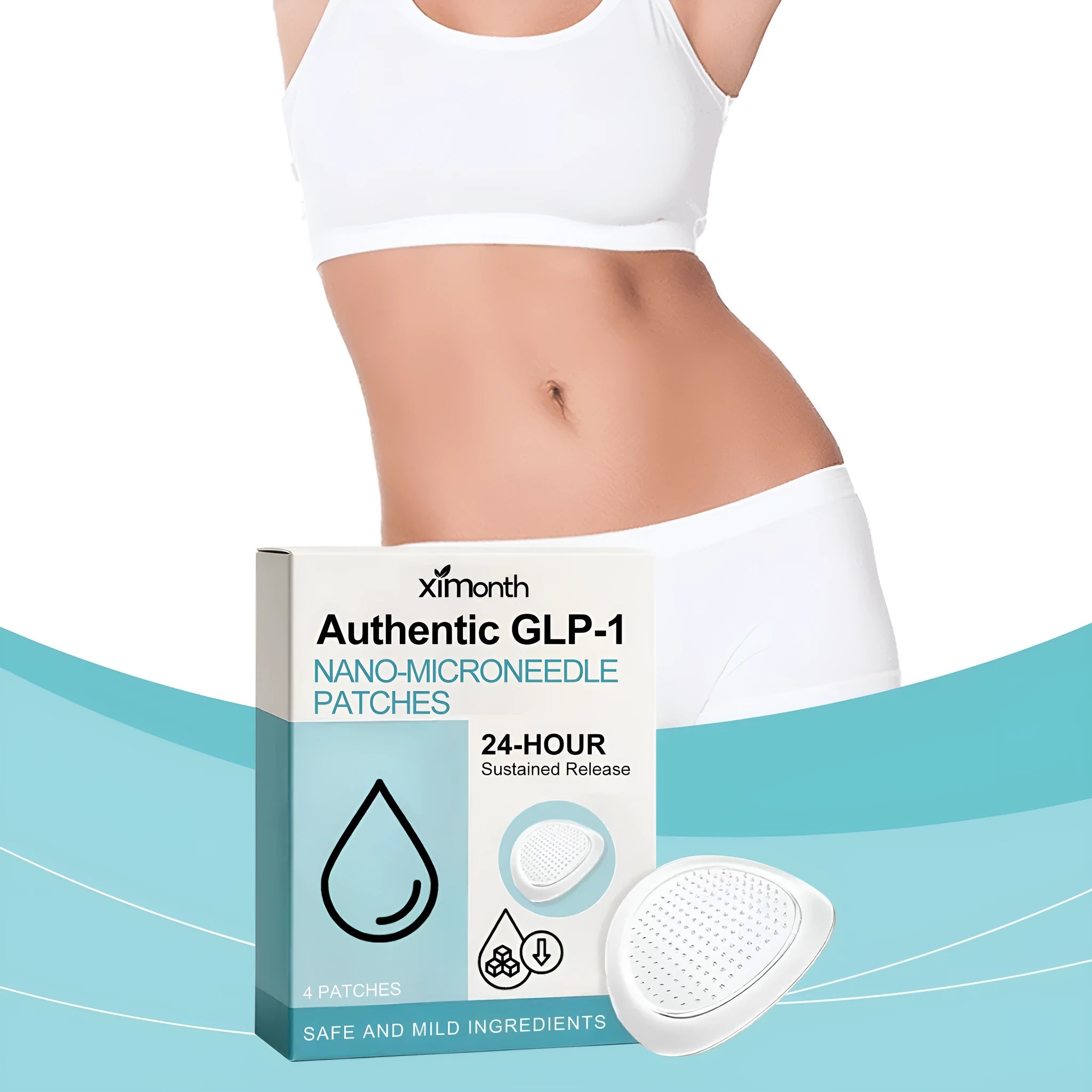 Four clear body contouring microneedle patches for skin firming, featuring acetyl hexapeptide-8.