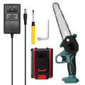 Black one-handed mini electric chainsaw with a 4 inch guide bar on a wooden log.