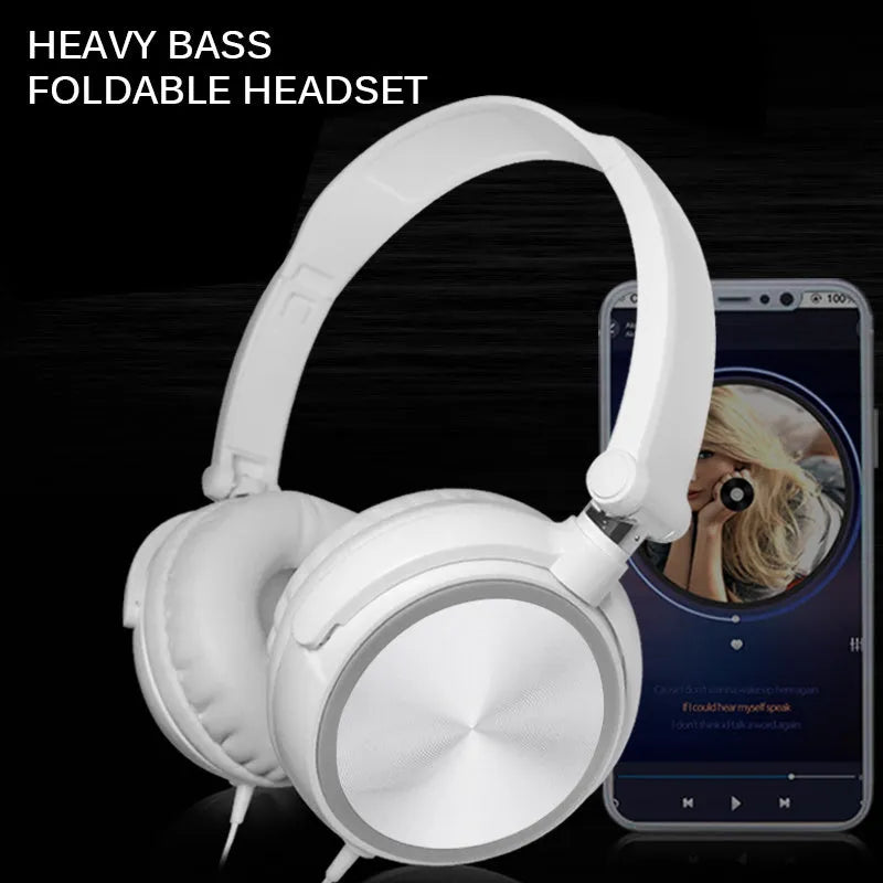 Black over-ear wired headphones with adjustable headband shown in folded and unfolded positions