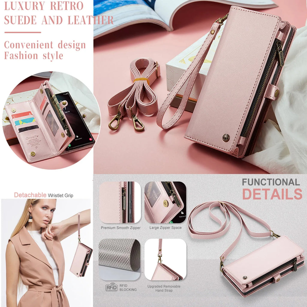 Wallet phone case in black imitation leather with card slots, bracket, and lanyard, designed for iPhone 12 to 15 series