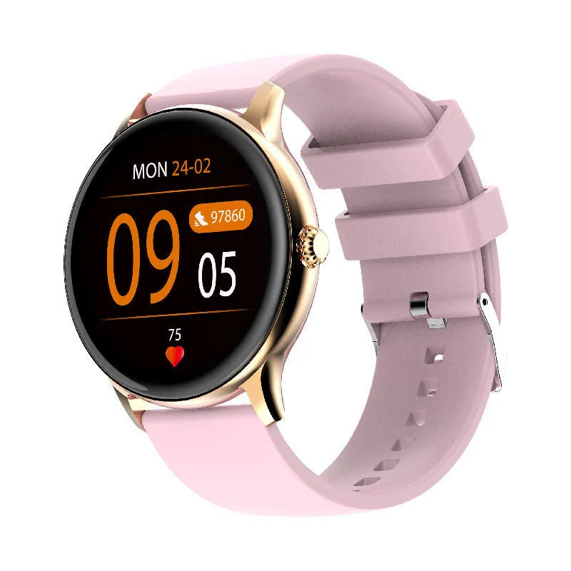 Smart Bluetooth sports watch on wrist showing health metrics on its circular 1.28-inch screen.