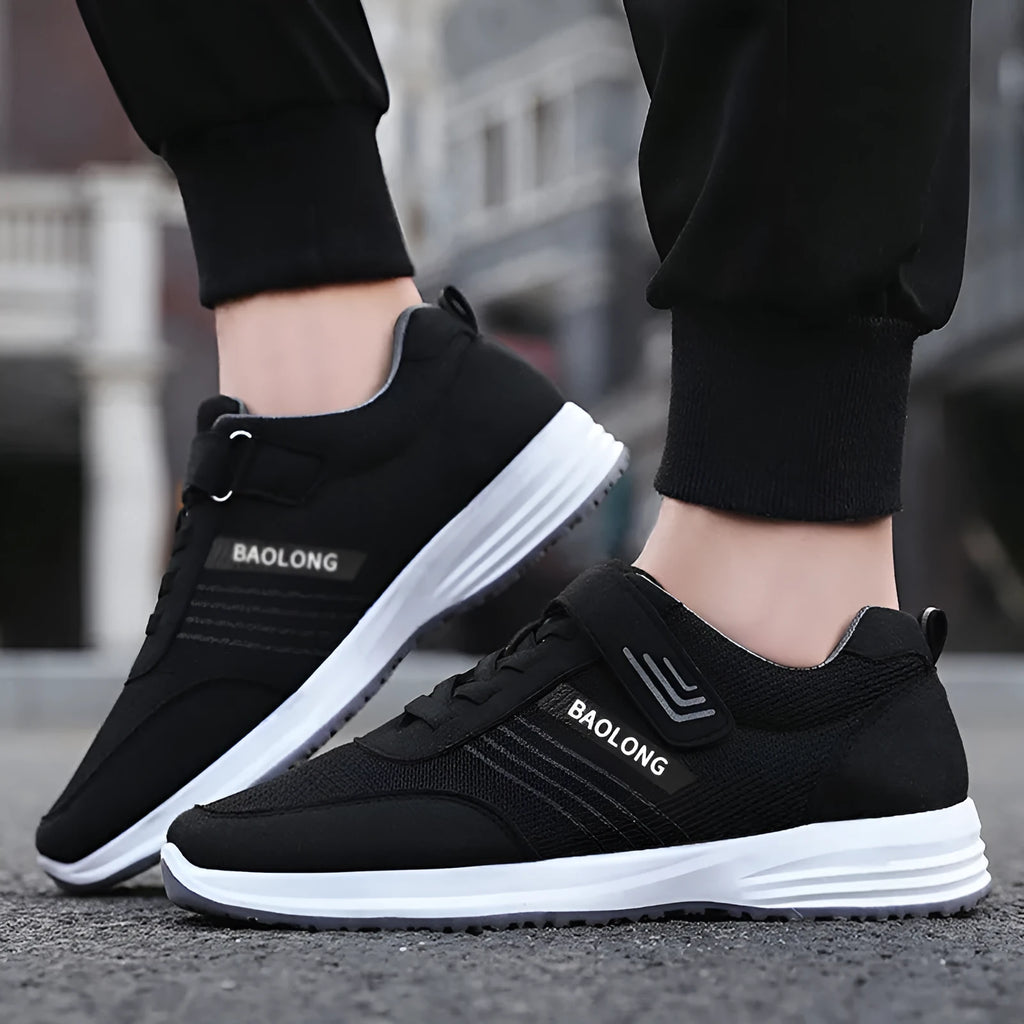Neutral mesh walking shoes for middle-aged and elderly, non-slip soft sole, black colour, side view