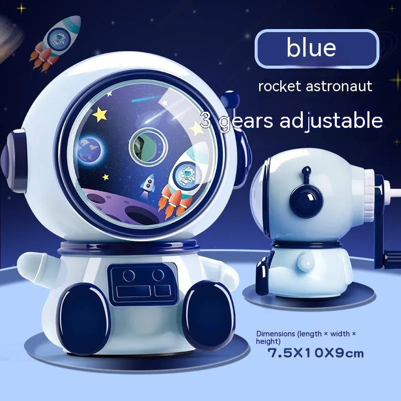 Blue cartoon astronaut manual pencil sharpener with anti-lead feature and adjustable levels