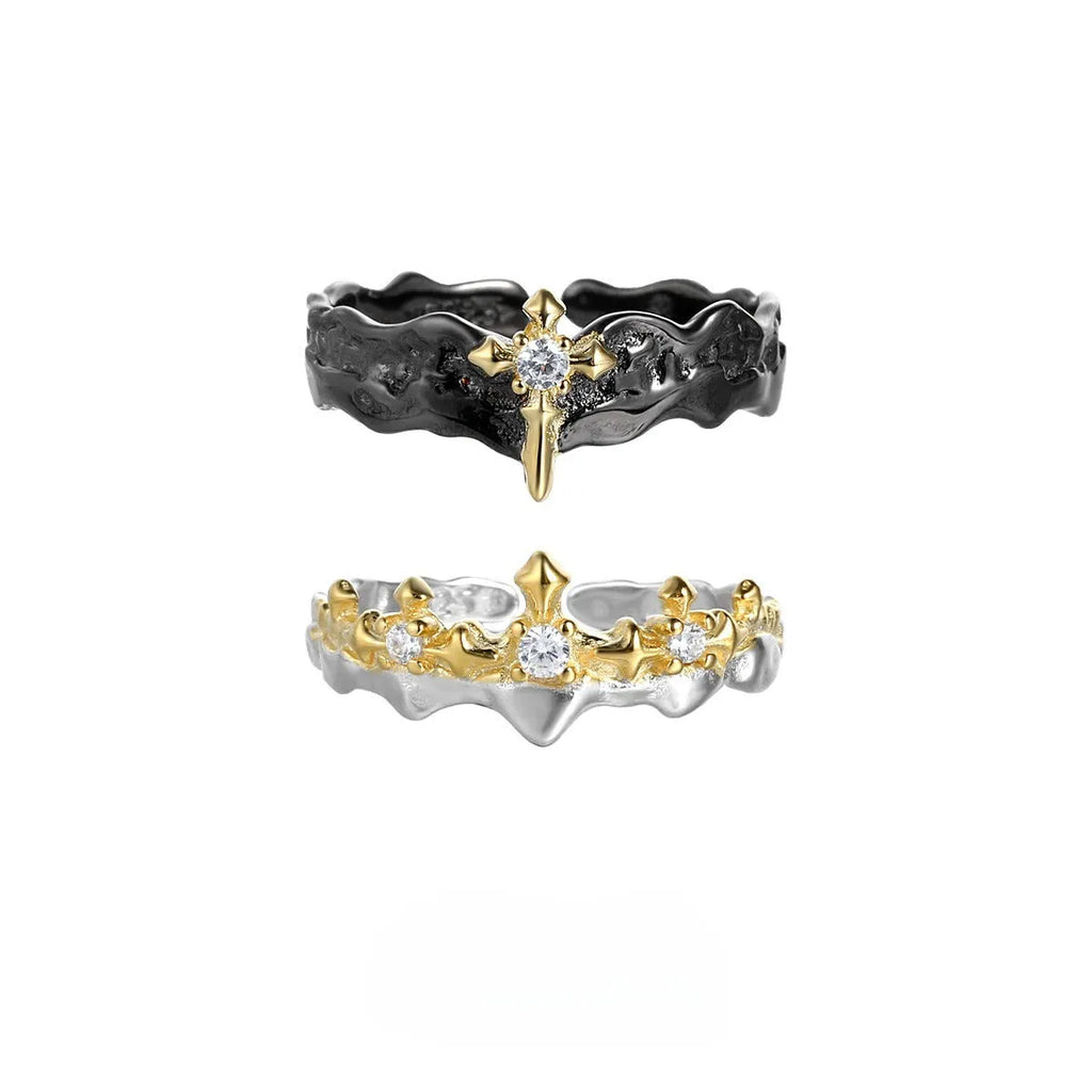 Adjustable opening princess knight couple ring in silver with electroplated finish