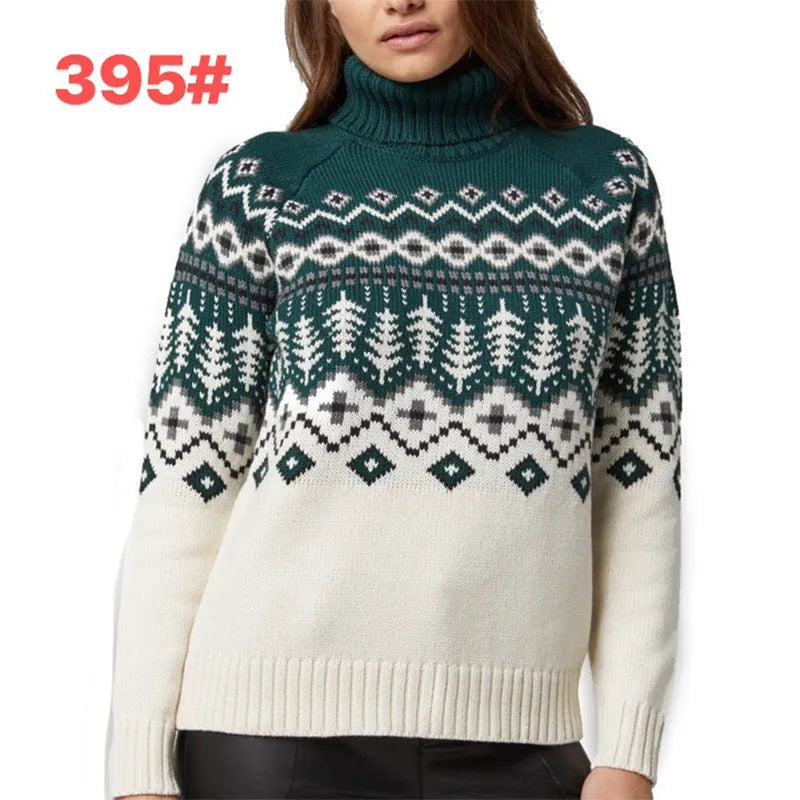Women's jacquard turtleneck sweater, long sleeve polyester pullover in blue, red, green or grey.