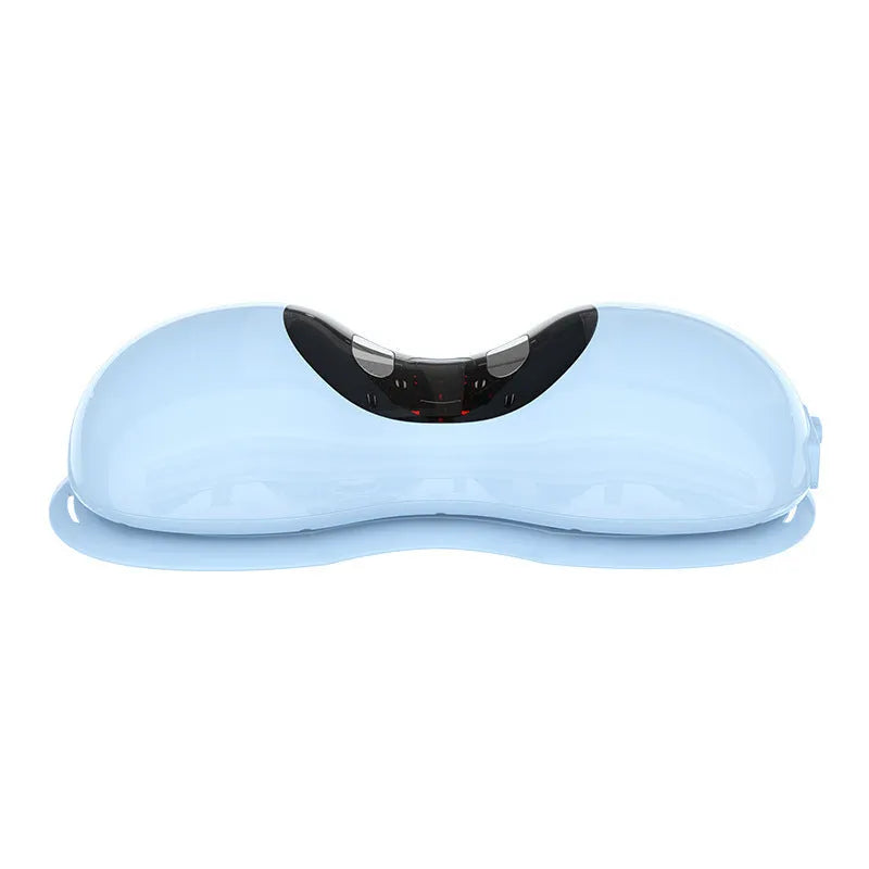 Blue rechargeable cervical massage pillow with multi-mode and heat on a chair